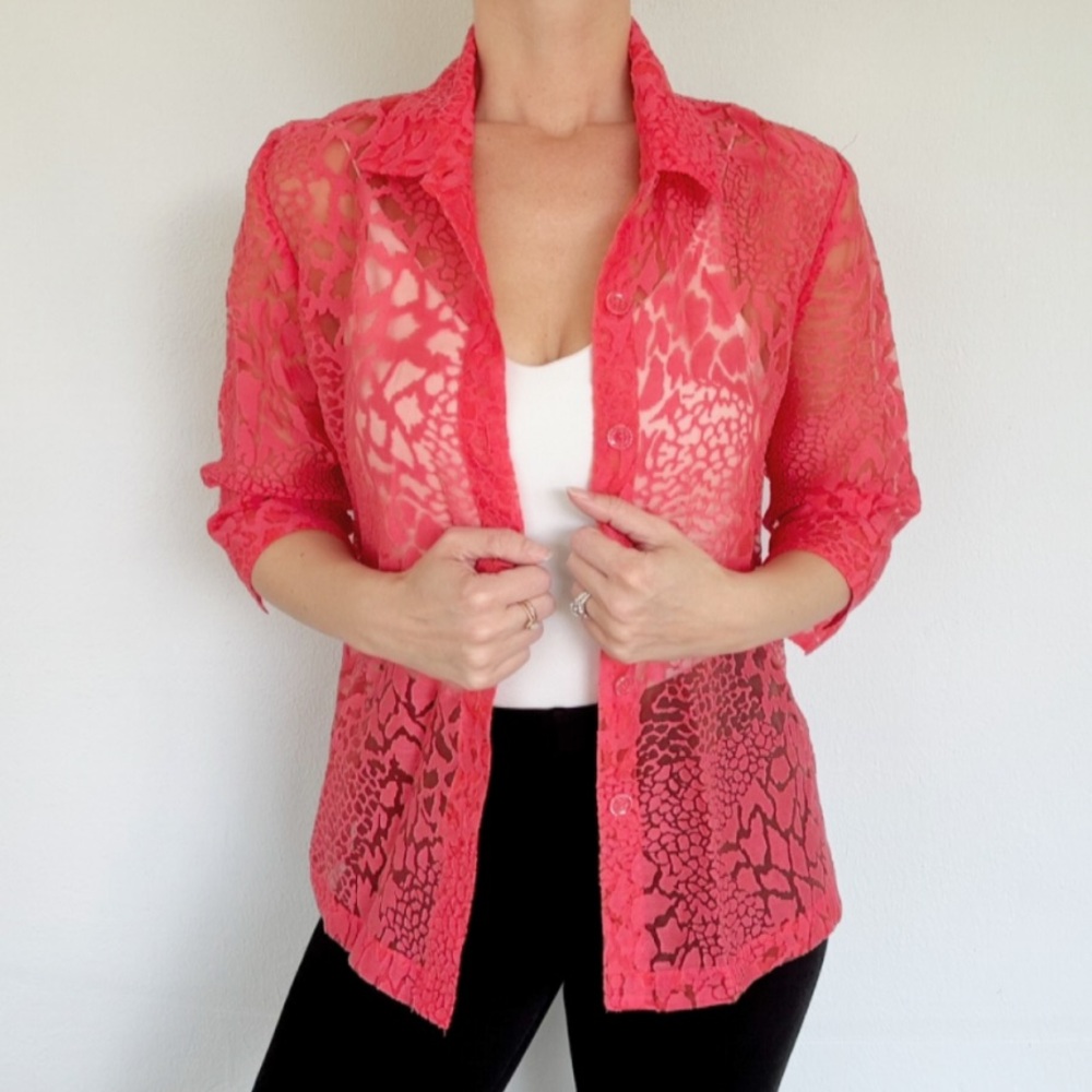 Vintage coral pink sheer animal print collared button down blouse size large